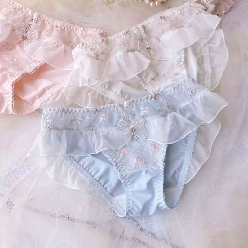 Women Milk Silk Smooth Soft Flower Embroidery Luxury Advanced Ruffles Underwear Princess Style Cute Lovely Sweety Panties Breifs