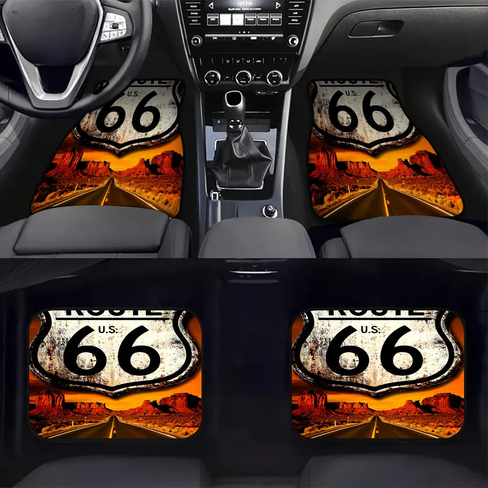 Retro Sunset 66 Road Trip Set Of Four Floor Mats | Polyester, Universal Fit For Rugged Vehicles, Showcases Off-Road Driving Styl
