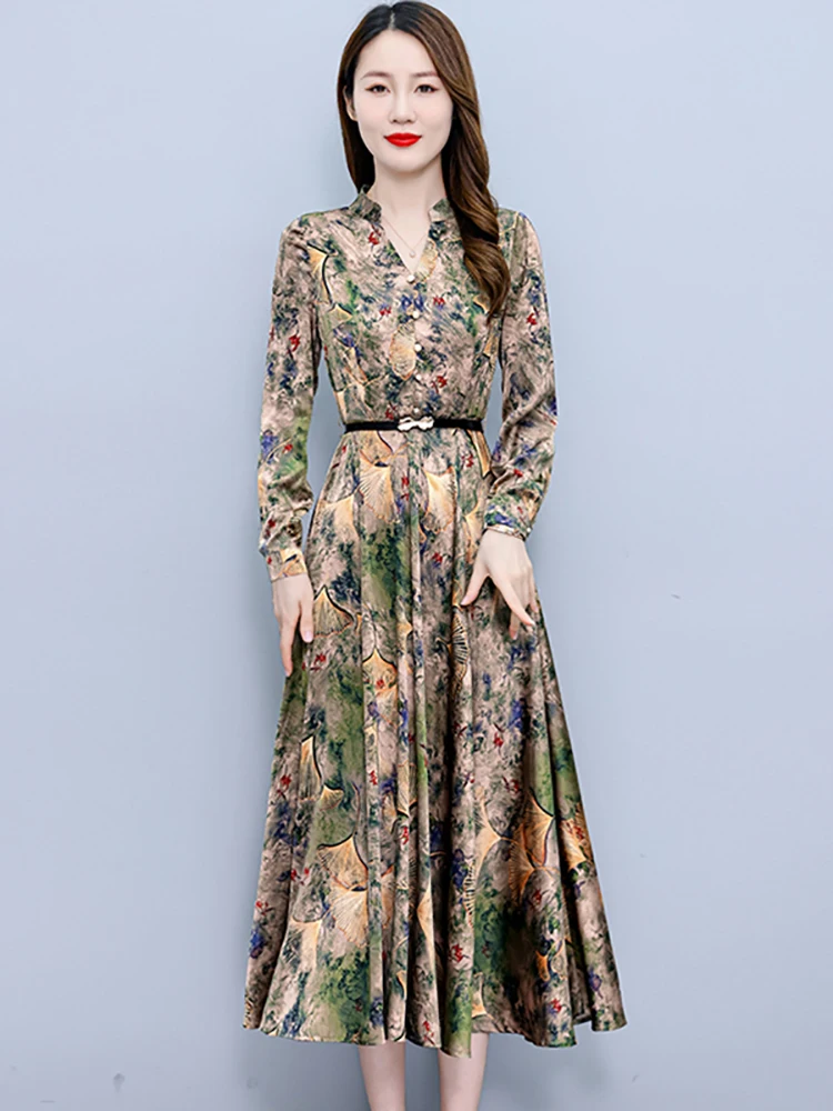 Vintage Floral Satin Casual Long Dress Autumn Winter Women Elegant Luxury Party Vestidos 2024 Bodycon Chic Prom Night Midi Dress