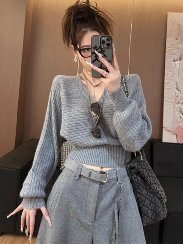 

Женский вязаный свитер с длинным рукавом и V-образным вырезом, универсальный, больших размеров, в корейском стиле, осенне-зимняя новинка