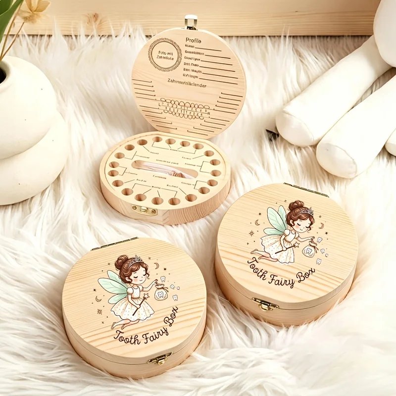 1PCS 2D Wooden Tooth Fairy Box Tooth Keepsake Storage Teeth Hair Commemorative Birth Souvenir Birthday Halloween Christmas Gift
