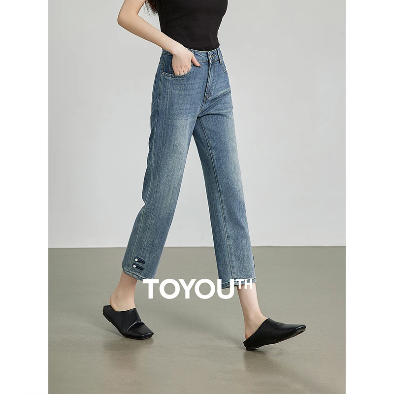 

TOYOUTH Women Denim Jeans 2024 Summer New Chinese Style High Waist Ankle Length Stright Trouser