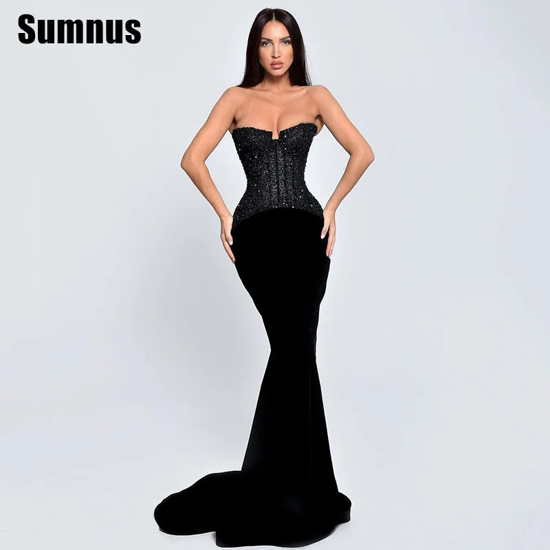 SUMNUS-Robe de Bal Sirène Noire Élégante, Sans Bretelles, Longueur au Sol, Formelle, Personnalisée, 2024