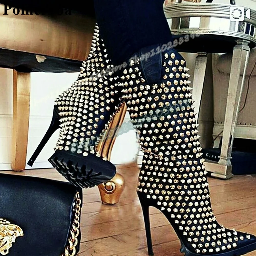 

Mid Calf Black Full Rivets Pointy Boots Thin High Heel Shoes For Women Side Zipper Pointed Toe Luxury Party Sexy Women Boots