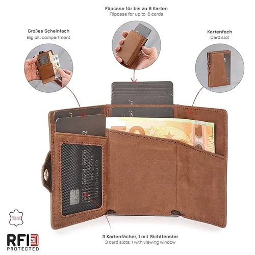 Imagen 2 del producto Estuche emergente para tarjetas de crédito con protección RFID Cartera de cuero genuino con compartimento para notas y monedas para hombres y mujeres