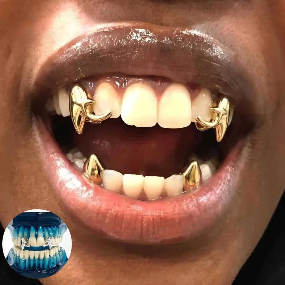 2pcs Hip Hop Vampire Fang Teeth Set Star Hollow Smooth Surface Grillz Shiny Cosplay Punk Rapper Christmas Gift