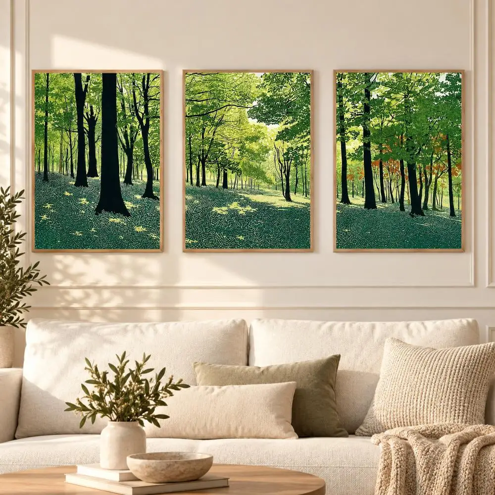 Green Forest Sunlight Landscape Painting Calligraphy 3 PCS Canvas Wall Art Prints for Living Room Modern Poster Decals Decor