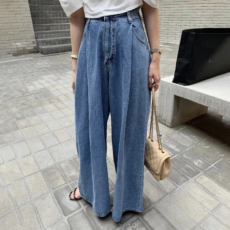 Plones Vaqueros Largos de Pierna Ancha, Hoados, Pados, con un Botón, de Cintura Alta, Estilo Vintage, para Mujer, Ve...