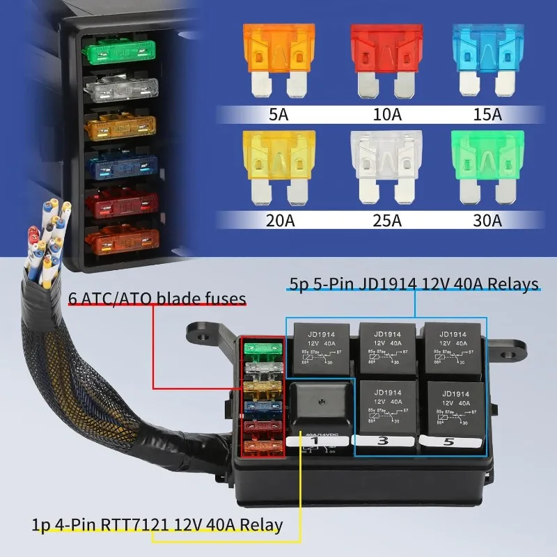 For Multi-way 40A Fuse Box for Automobile RV, 6-way 11-way Fuse Box for Off-road Vehicle Modification with Terminals