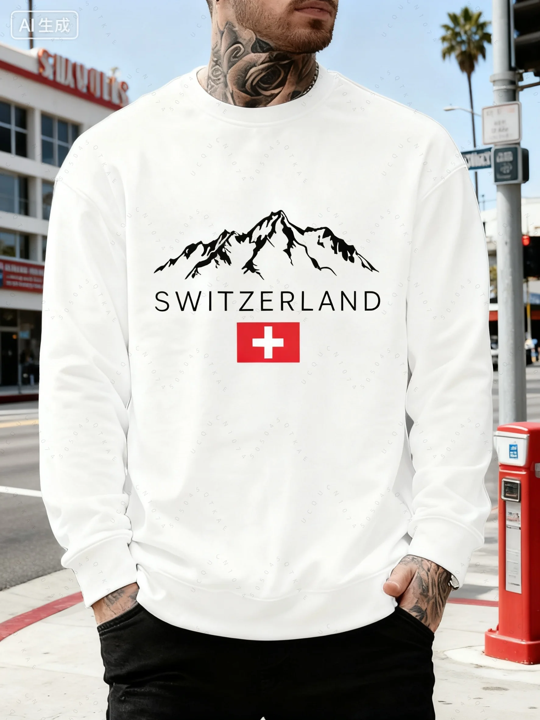 Sudadera holgada y cómoda informal con estampado de montaña nevada suiza para hombre, sudadera de manga larga con cuello redondo, Top con capucha para Otoño e Invierno