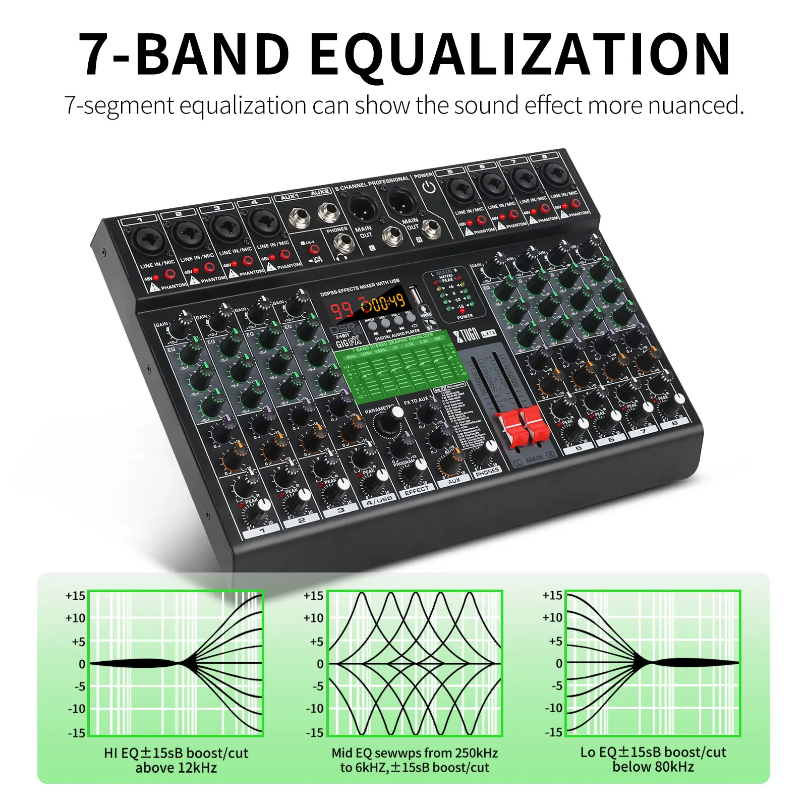 XTUGA Professionele 8-kanaals audiomixer met 99 DSP-effecten, 7-bands EQ, 48V fantoomvoeding, USB-interfaceopname voor podium