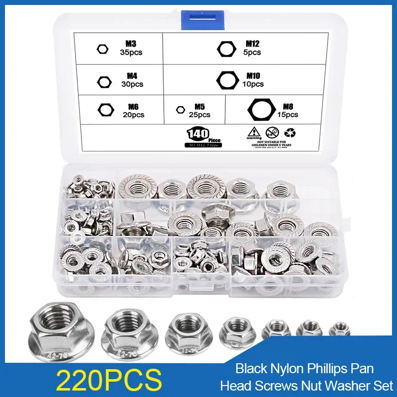 

140 шт. M3 M4 M5 M6 M8 M10 M12 304 Шестигранные фланцевые гайки из нержавеющей стали с зубчатой спиральной гайкой Ассортимент стопорных гаек DIN6923