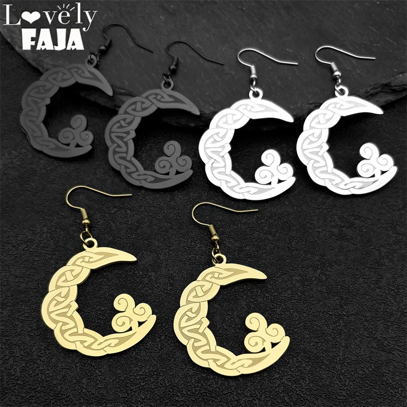 Vintage Crescent Moon Triquetra Trinity Women's Hoop Earrings Stainless Steel Gold Plated Witch Celtic Knot Cloud Jewelry