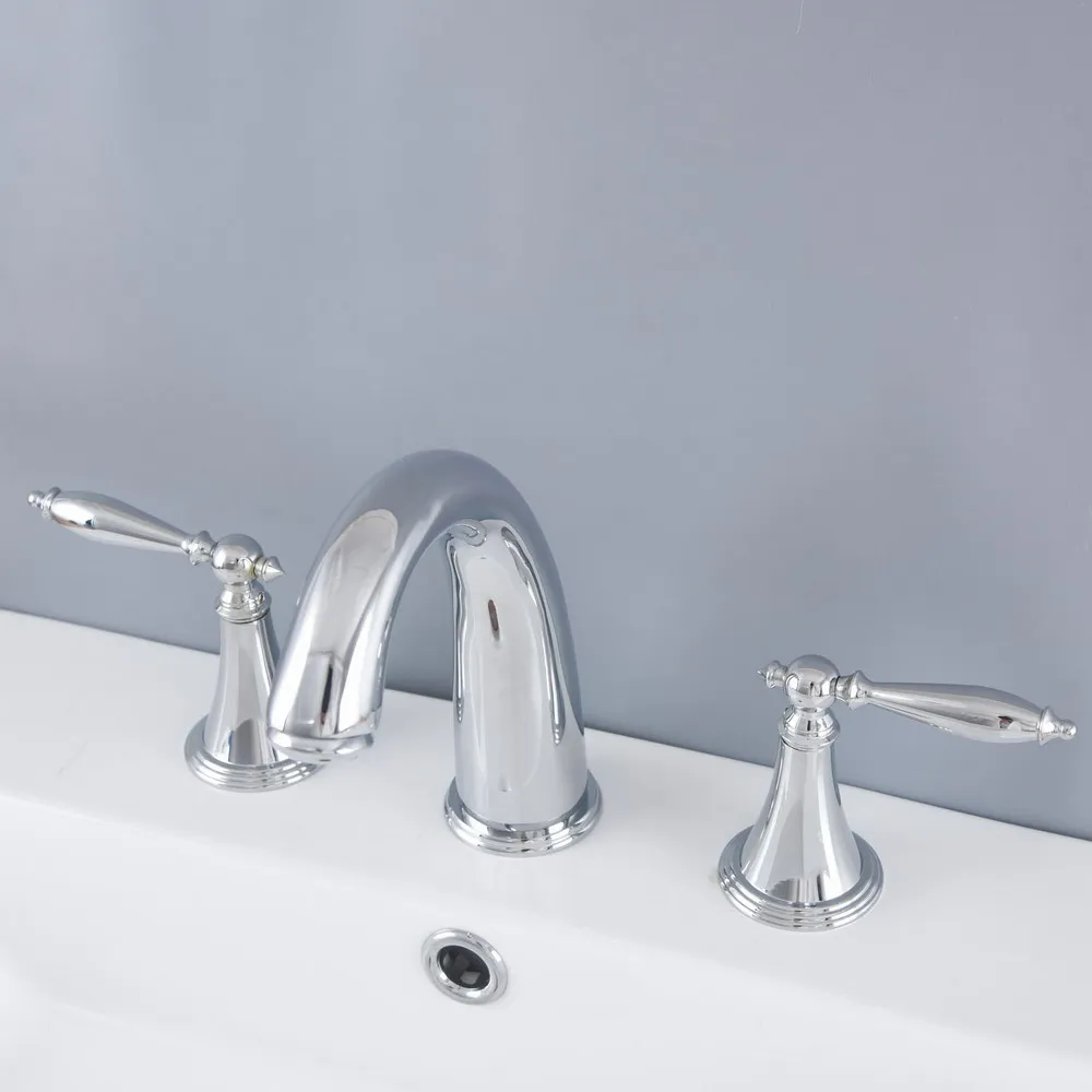 

Polished Chrome Brass Deck Mounted Dual Handles Widespread Bathroom 3 Holes Basin Faucet Mixer Water Taps tnf979