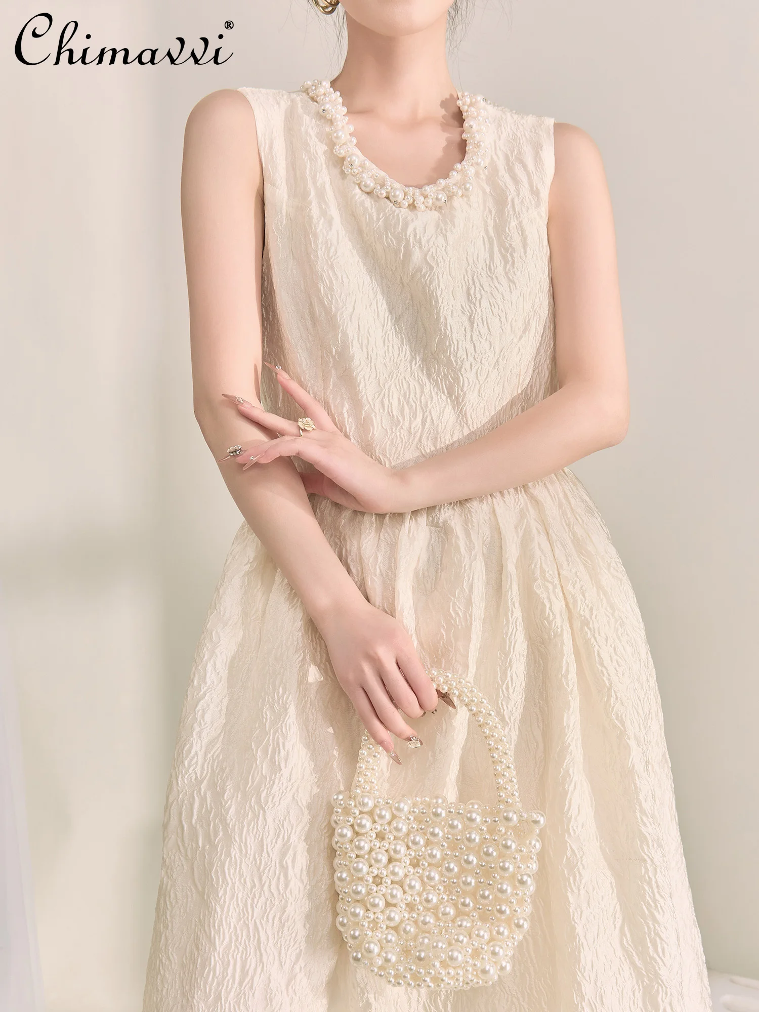 

French Elegant High-end Socialite White Dresses Pearl Crew Neck Sleeveless High Waist Slim A-line Temperament Long Dress Women