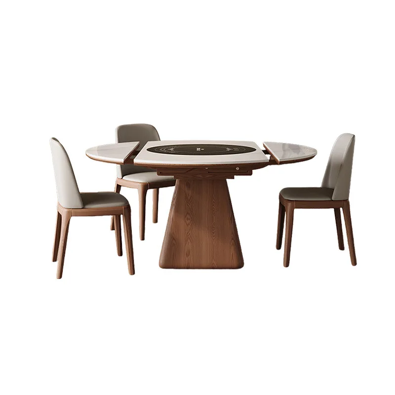 

induction cooker intelligent voice warming turntable, small apartment folding rock slab household dining table and chairs