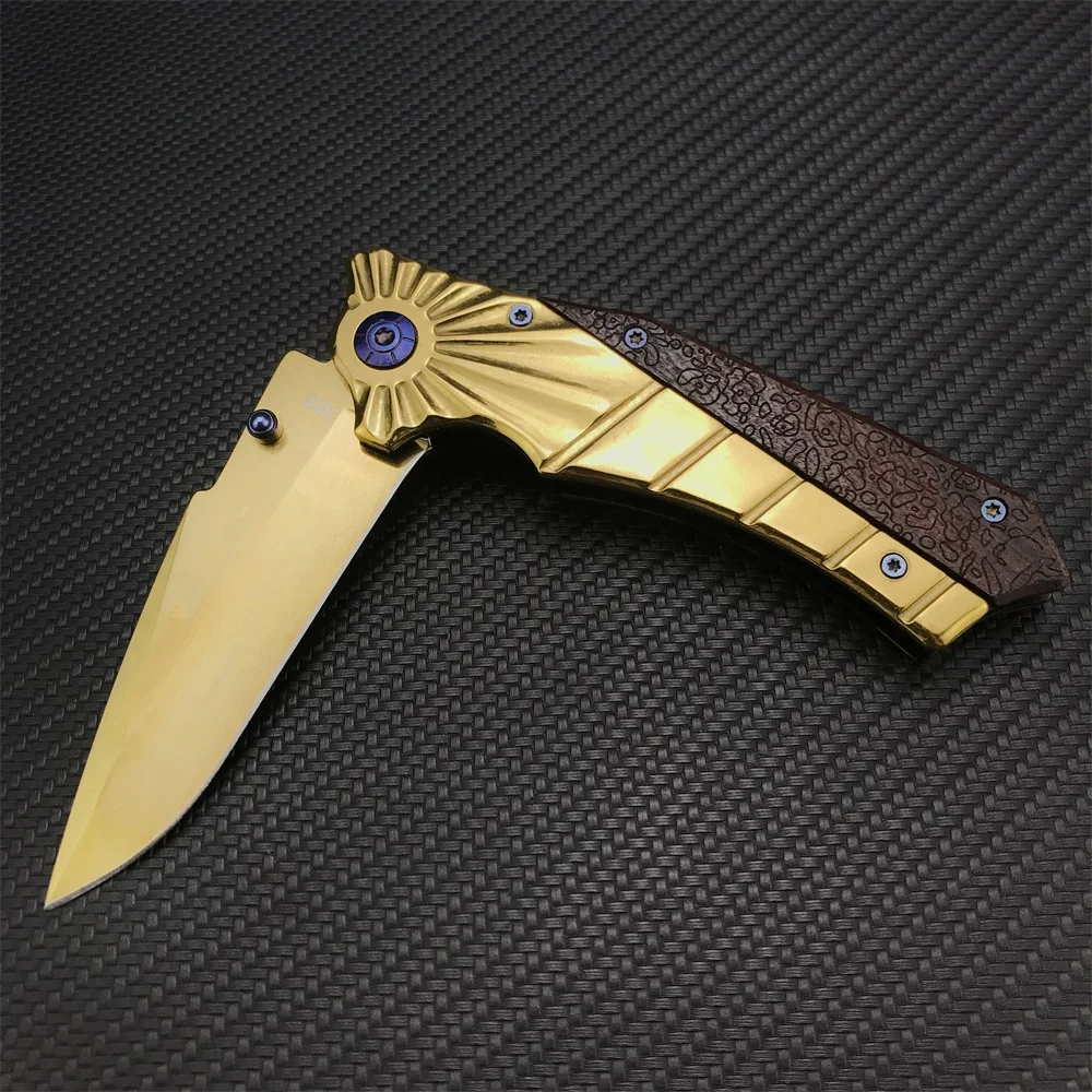 High Quality BN 368 Golden Folding Knife Assisted Flipper 5Cr13Mov Blade Stainless Steel Inlaid Colored Wood Handle Outdoor Tool