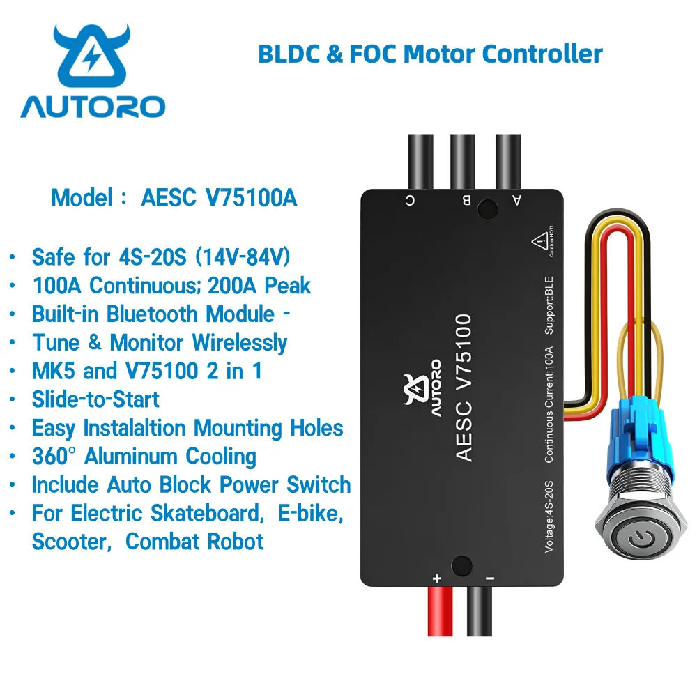 Autoro 75100 V75100 75V100A W/ Built-in Bluetooth FOC & BLDC Based on VESC 75100 & MK for Electric Skateboard, Ebike, Scooter