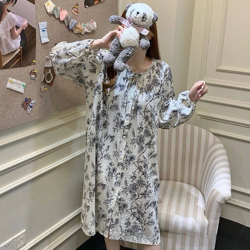

New Chinese Style Long Sleeve Bamboo Leaf Sleepwear Women's Cardigan Thin Home Clothes Spring Autumn Outerwear Nightgown
