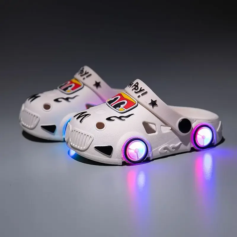 2024 Summer Children Slippers LED Lighted Boys Girls Hole Shoes Anti Slip Soft Sole Beach Sandals Cartoon Car Glowing Kids Shoes