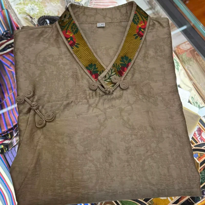 Chińska koszula tybetańska Xizang z dekoltem w kształcie litery V, damska bawełna Retro Tiansi