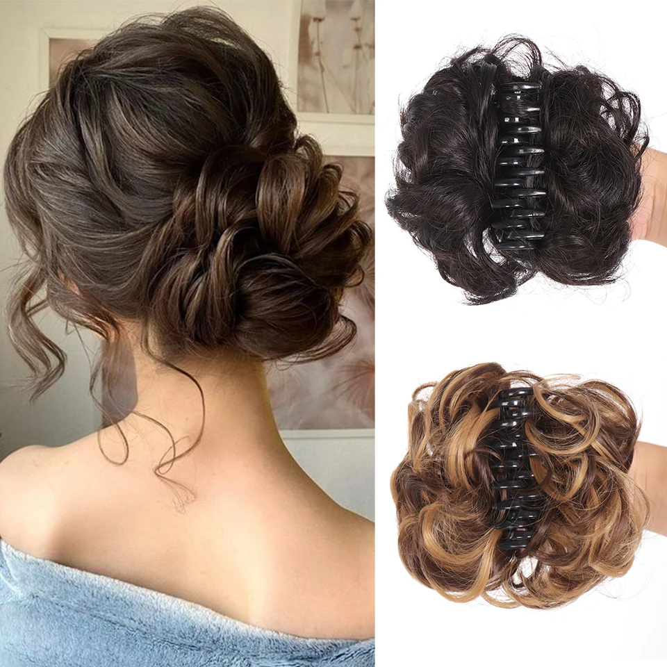 Postizo sintético de moño despeinado con clip de cangrejo, pieza de cabello rizada ondulada, extensión de cola de caballo con scrunchie para mujer