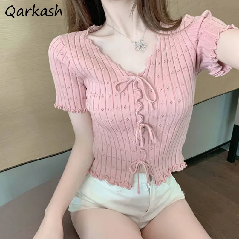 

Knitted T-shirts Women Lace-up French Style V-neck Design Lovely Slim Hotsweet Summer 5 Colors Tops Stylish Crop Solid All-match