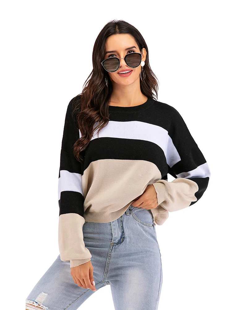 JIM & NORA Women\'s Retro Stripe Splicing Autumn Winter Design Sense Long Sleeved Fashion Round Neck Niche Simple Pullover Top