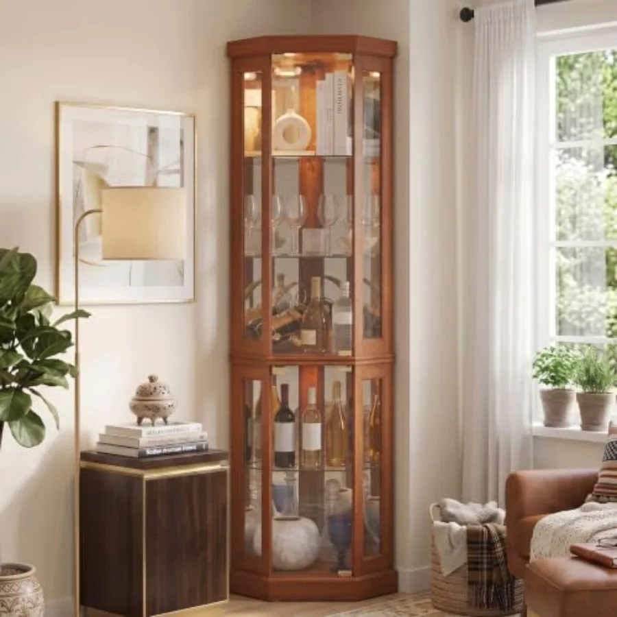 Corner curio cabinet for living room liquor storage: lighted glass display cage, 70 H, tempered glass doors, adjustable shelves