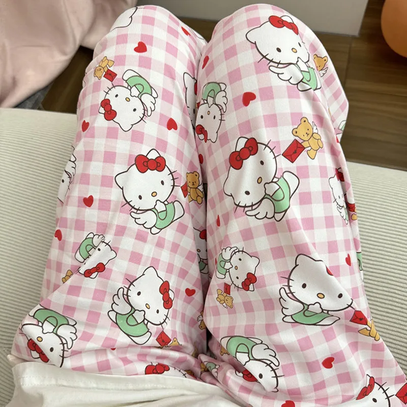 Cartoon Hello Kitty Plaid Pajama Pants Women Spring Autumn New Sweet Cute Y2k Girl Home Pants Simple Design Fashion Casual Pants