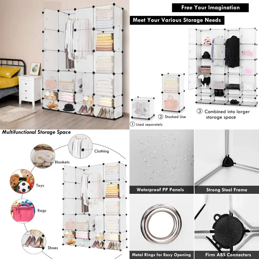 

Portable Closet Wardrobe Organizer with DIY Plastic Cubes, Door Included, Ideal for Clothes, Shoes, Books Storage Solutions
