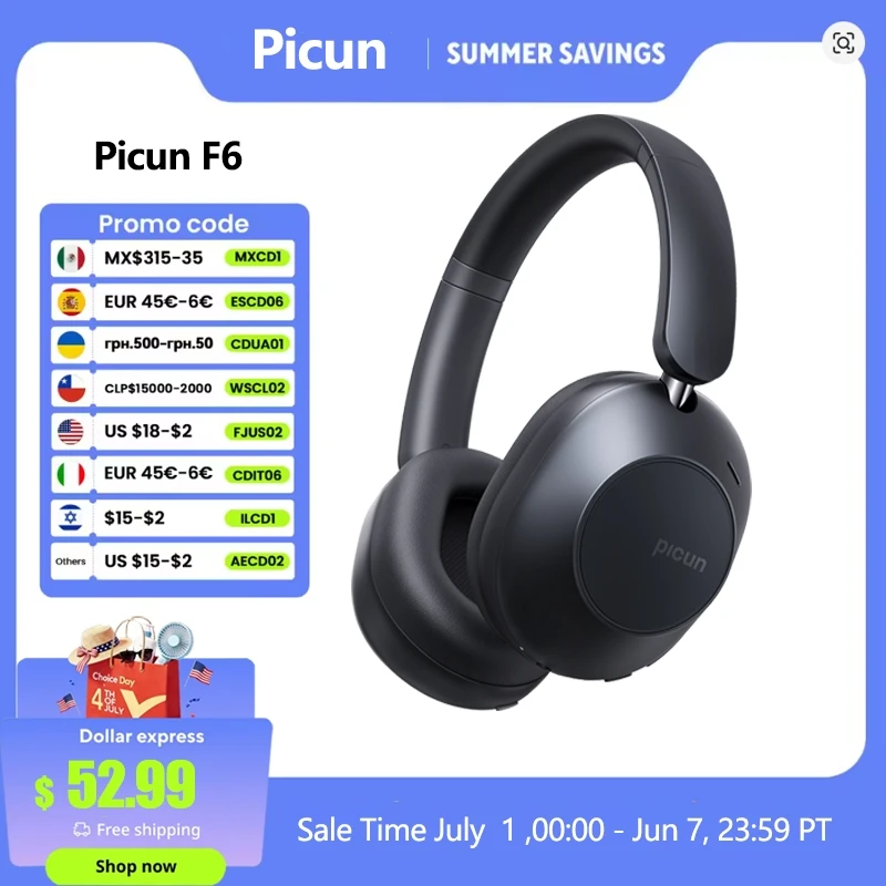 Picun F6 aktywne słuchawki bezprzewodowe z redukcją szumów śledzenie głowy 3D Audio 40mm zestaw słuchawkowy Bluetooth Hi-Res ANC kontrola aplikacji HIFI