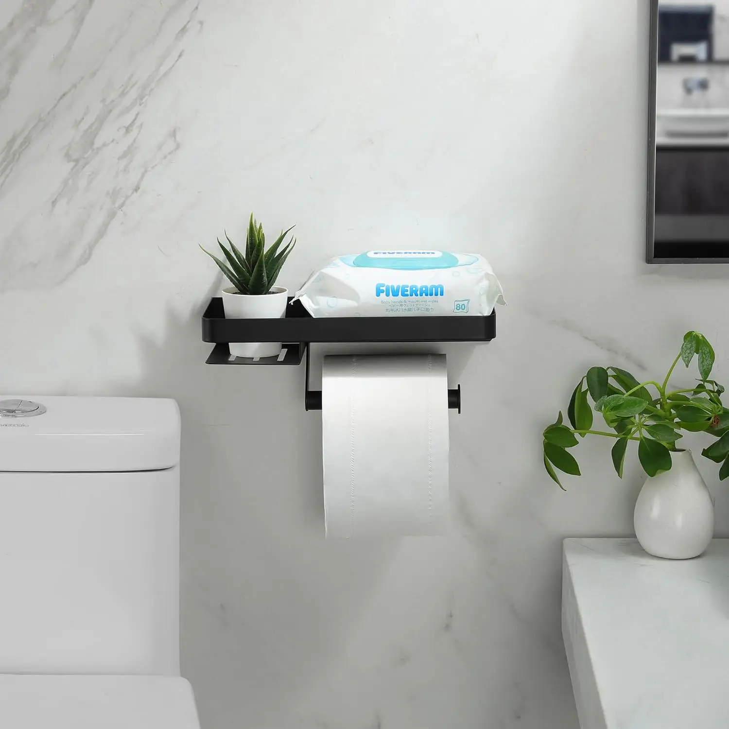 حامل ورق المرحاض الحديث الصديق للبيئة من الرخام البلاستيكي على الحائط مع رف حامل مناديل حمام حمام أسود مقاوم للصدأ #3
