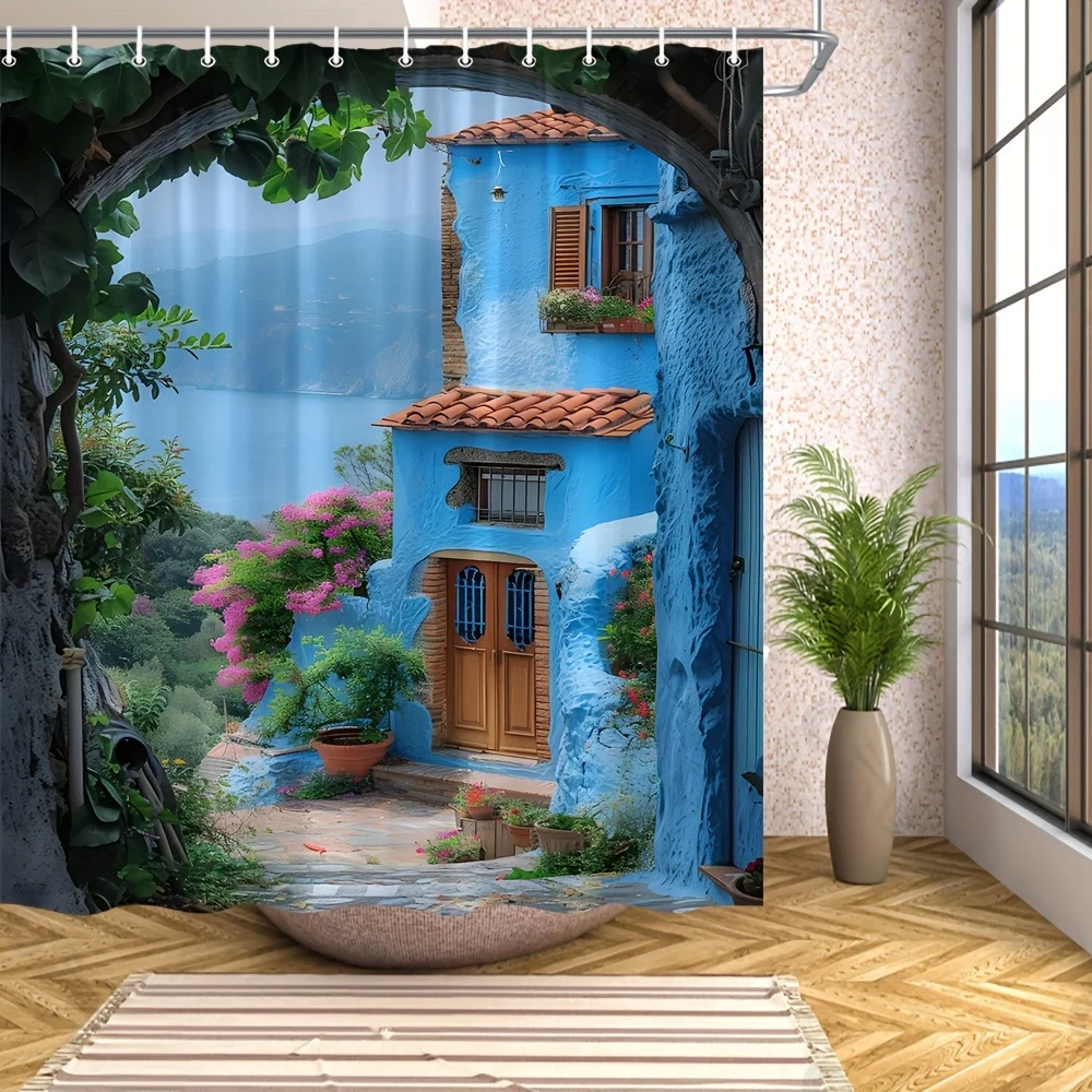 Mediterranean Village Shower Curtain Blue Coastal European Style Bathroom Decor Waterproof Curtain