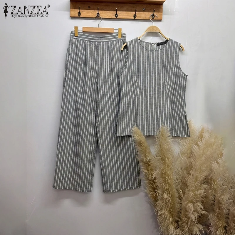 

Модный комплект ZANZEA 2026: топ без рукавов и брюки с широкими штанинами, элегантный офисный стиль, винтажный полосатый костюм из 2 предметов