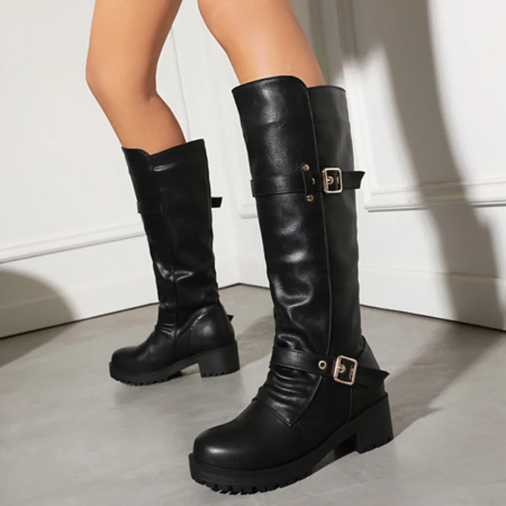 New Punk Style Women Long Boots Fashion Belt Buckle Female Thick Bottom 5CM Knee High Boots Retro Knight Shoes Zapatos De Mujer
