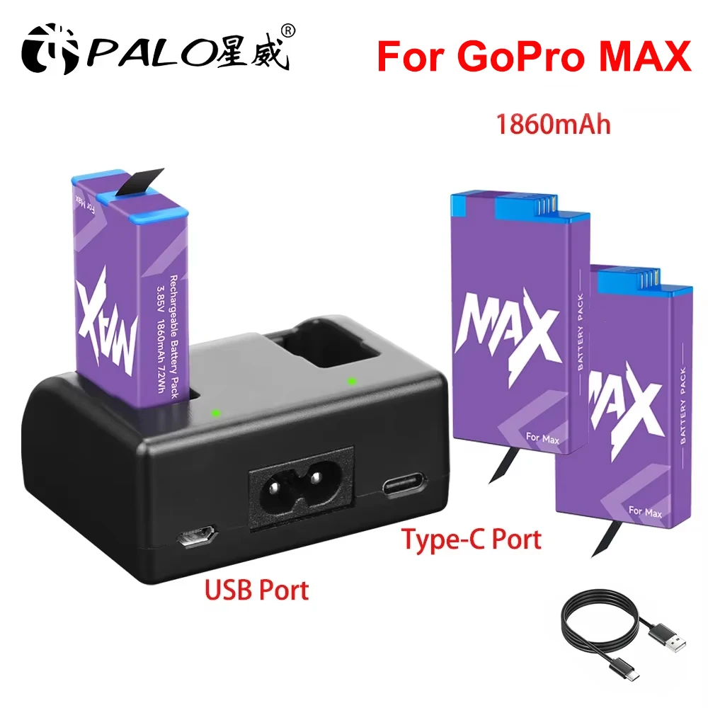 Battery for GoPro Max Go Pro Hero Max Rechargeable 360 Action 1860mAh Camera Battery + USB Charger for Panoramic GoPro Accessory