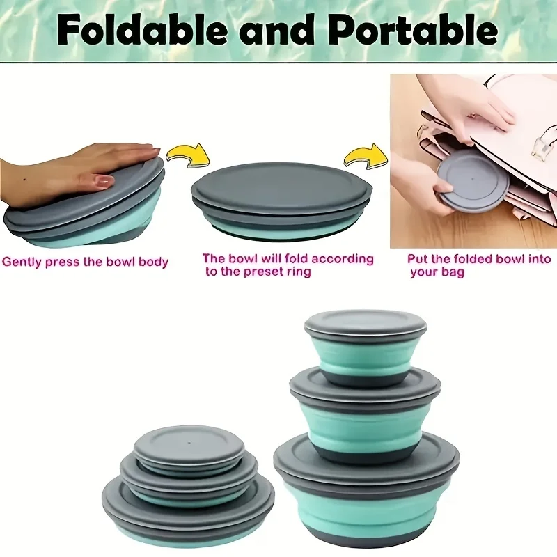 3pcs/Set Camping Bowl Foldable Collapsible Bowl Lunch Box Salad Bowl Lid Expandable Food Storage Container Bento Box