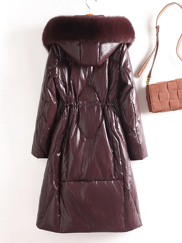 جديد إمرأة شتاء انقسام الجلود أسفل معطف موضة مقنعين الثعلب الفراء طوق الرباط الخصر النحيف معطف دافئ معطف جلد يومي غير رسمي #2