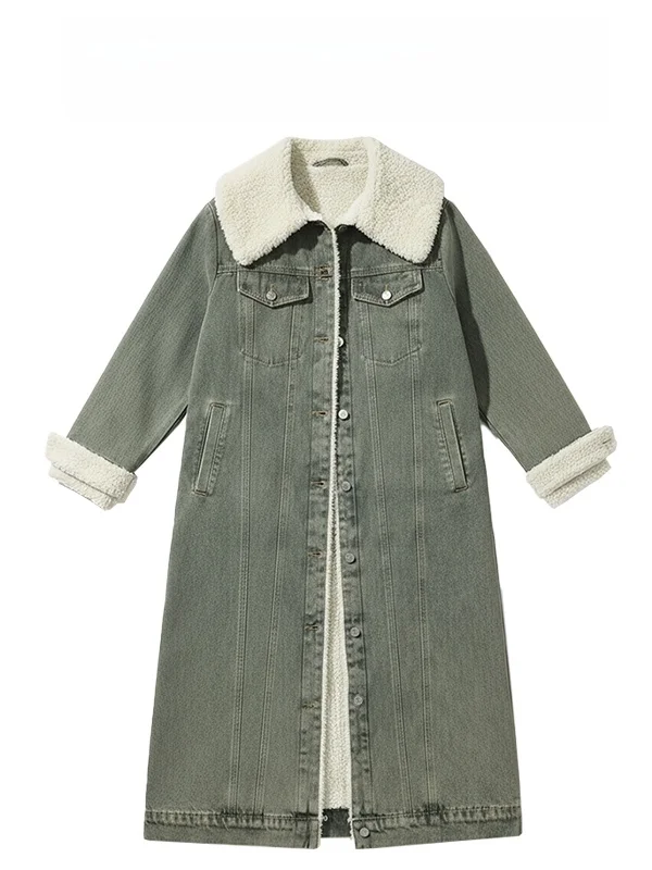 

Ретро-куртка из денима с воротником-стойкой и вставками, женское длинное свободное хлопковое пальто в корейском стиле, прочное, на пуговицах, утепленное, осеннее