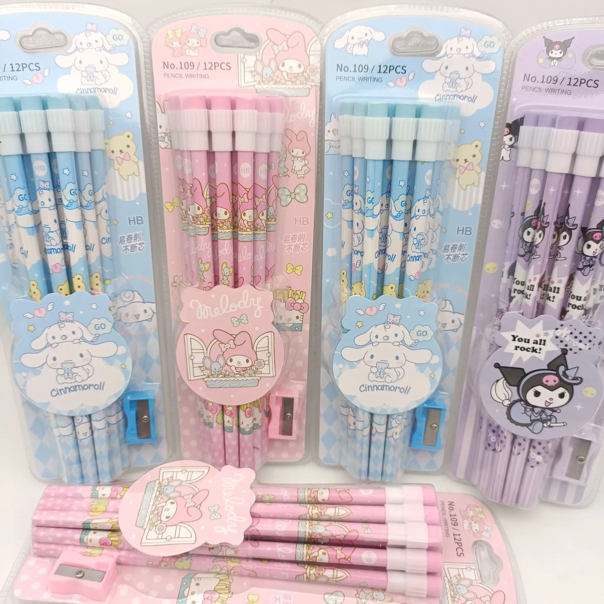 Anime Hello Kitty Kuromi 12-Pack Pencils My Melody Cinnamoroll Creative HB Writing Pencils Students Barrel Set with Eraser