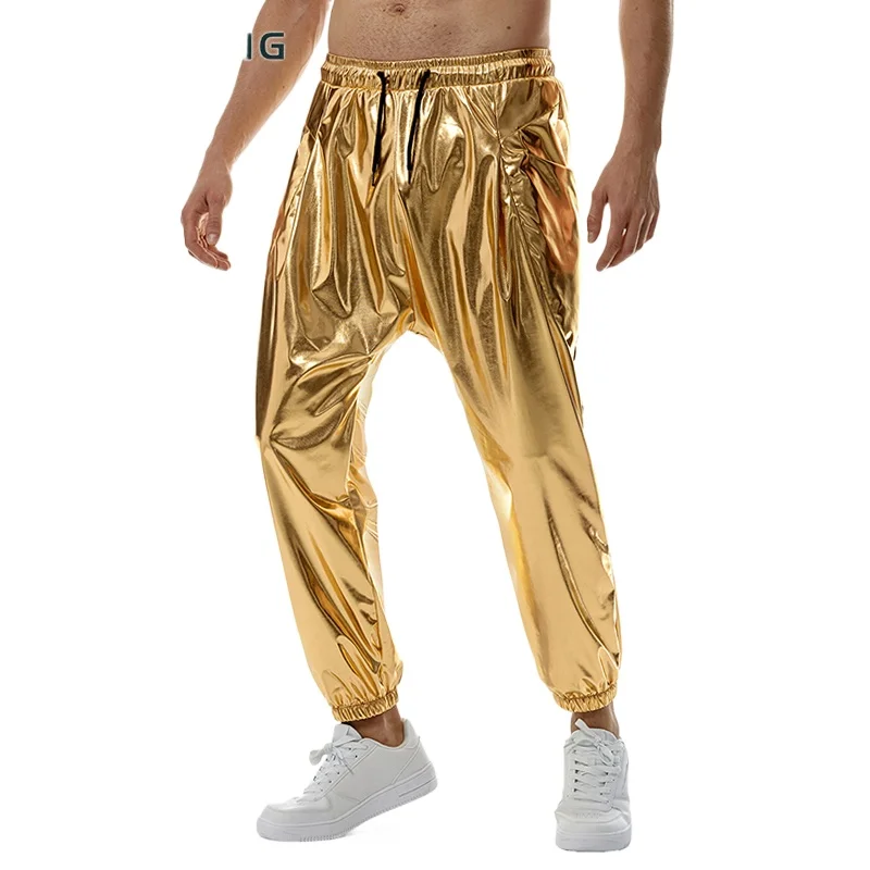 

Глянцевые золотые металлические мужские брюки для бега в стиле хип-хоп, брюки в стиле стимпанк для ночного клуба, мужские брюки для дискотеки, вечеринки, сценические брюки, свободная техническая одежда