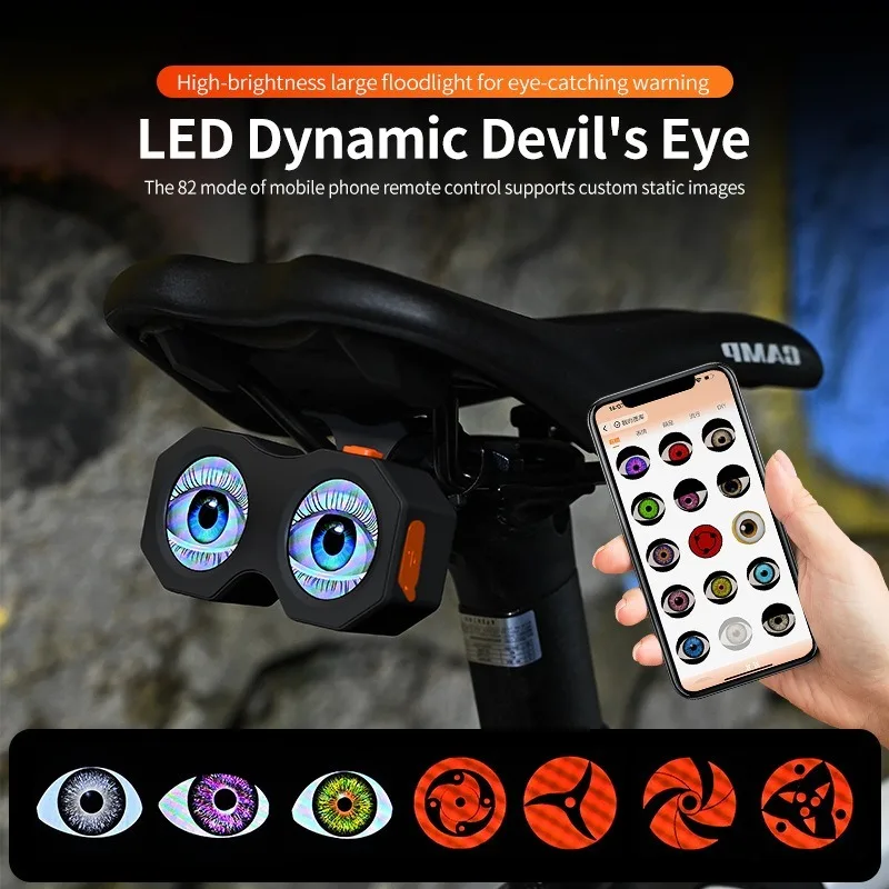 Motorcycle Bicycle Rearview Mirror Decorative lights 3D Dynamic Devil Eye USB rechargeable LED Light Retrofit Kit GIF Customizab