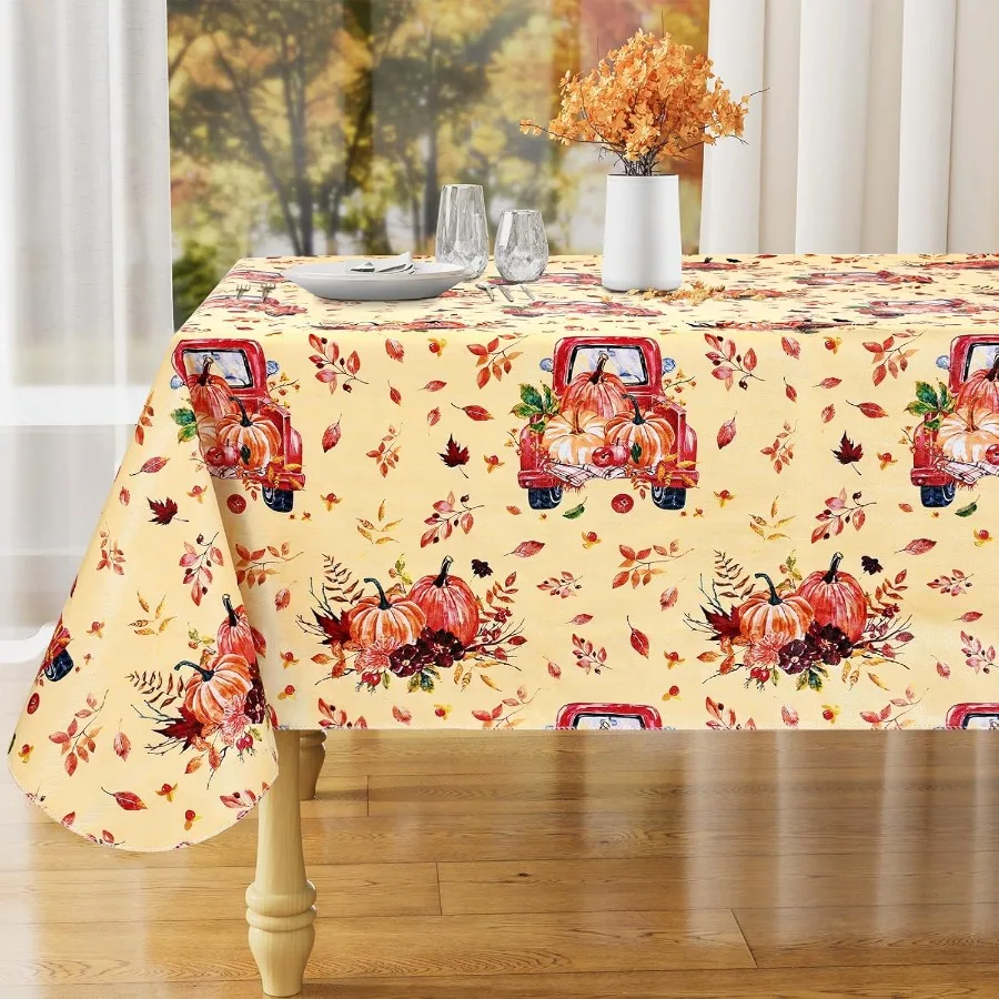 

Rectangle Waterproof Vinyl Table Cloth Wipeable Tablecloth with Flannel Backing Plastic Table Cover for Fall Thanksgiving Pumpk
