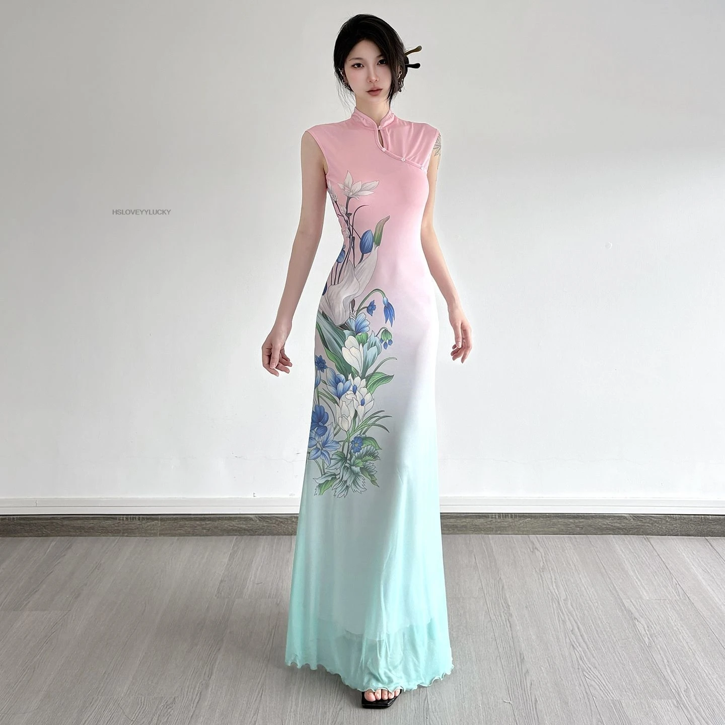 

Новое элегантное платье-ципао в китайском стиле с принтом, розово-зеленое, ретро, приталенное, сетчатое, без рукавов, длинное, для женщин, для танцев