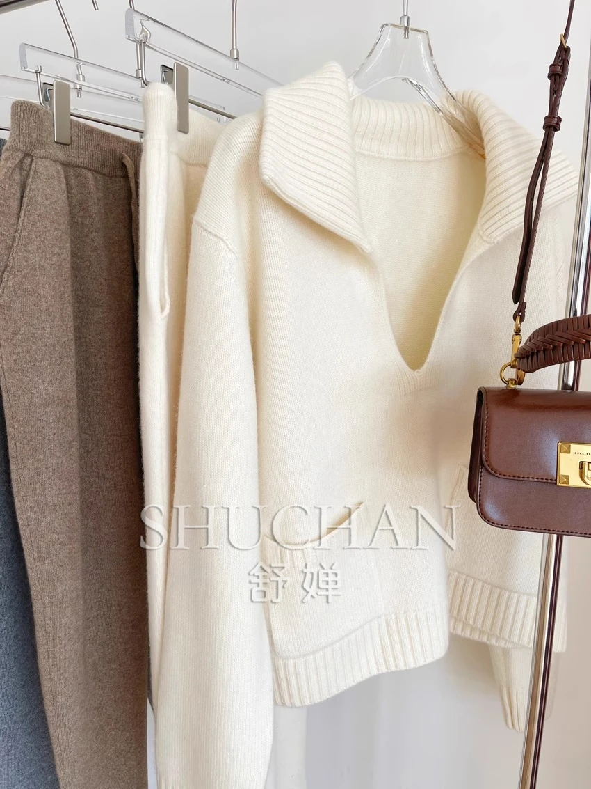 

Straight Pocket Long Sleeve Commuter Four Strand Line Thickened Casual Large Lapel Cashmere Sweater women