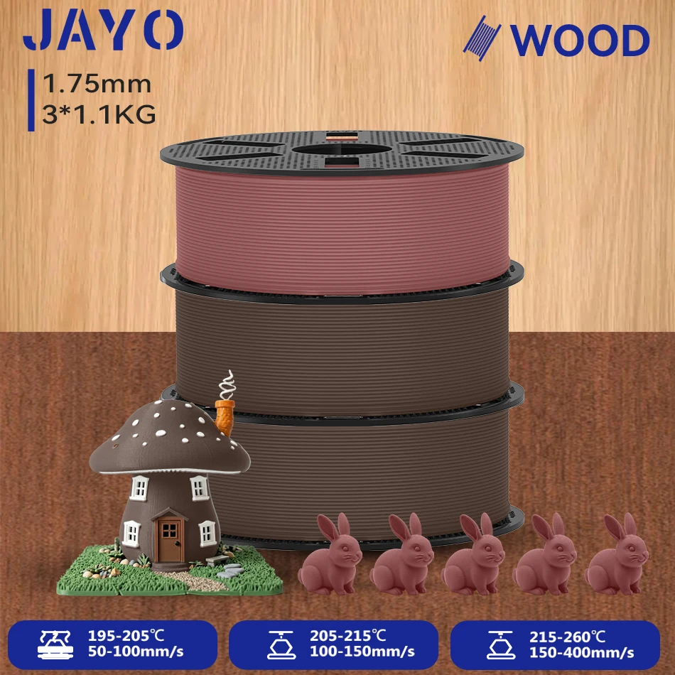 JAYO 3 Rollen Holz-PLA 3D-Filament 1,75mm 1,1KG/Rolle PLA Holztextur 3D-Drucker-Filament 10-15% Holzfaser 3D-Druckmaterialien