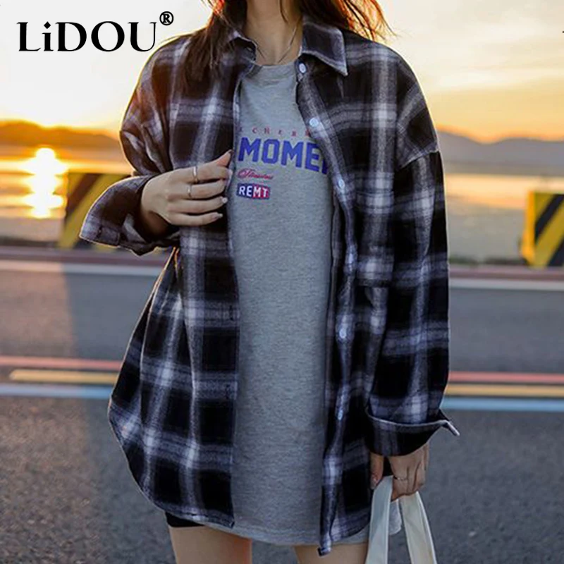 Spring Autumn Fashion Plaid Korean Vintage Blouse Women Aesthetic Casual Simple Loose Lady Shirt Oversized Streetwear Clothes