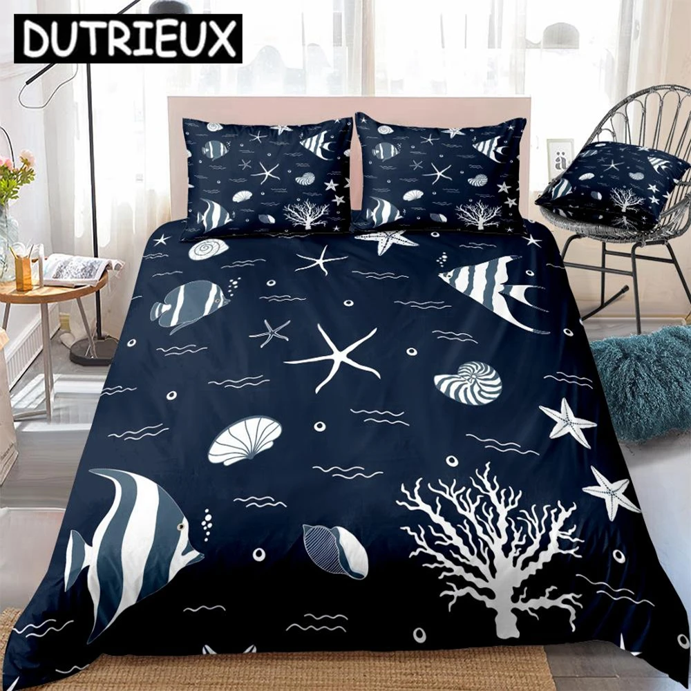 

Starfish Bedding for Kids & Teens - Fish Quilt, Coral Details, Ocean Waves - King Size, Beach - Style Home Textiles - Dropship