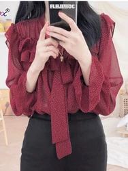 Bow Tie Tops Women Korean Style Flare Sleeve Design Vintage Tops Sweet Red Black Chiffon Romantic Polka Dot Ruffled Blouse Shirt